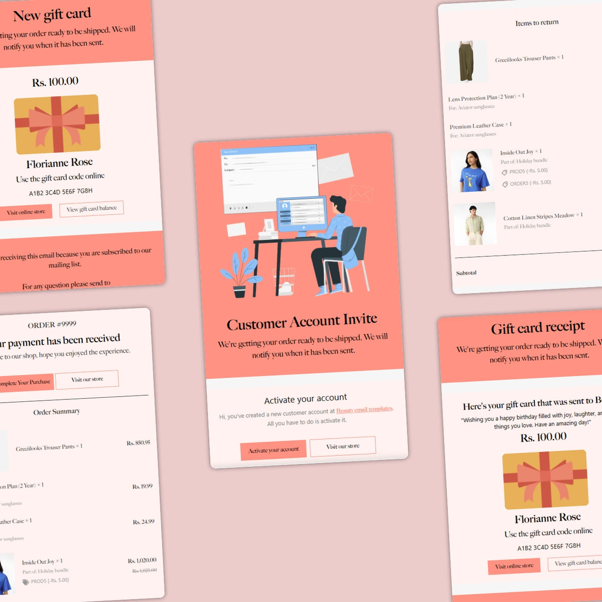 Collection of customer account invite and gift card receipt emails on a pink background