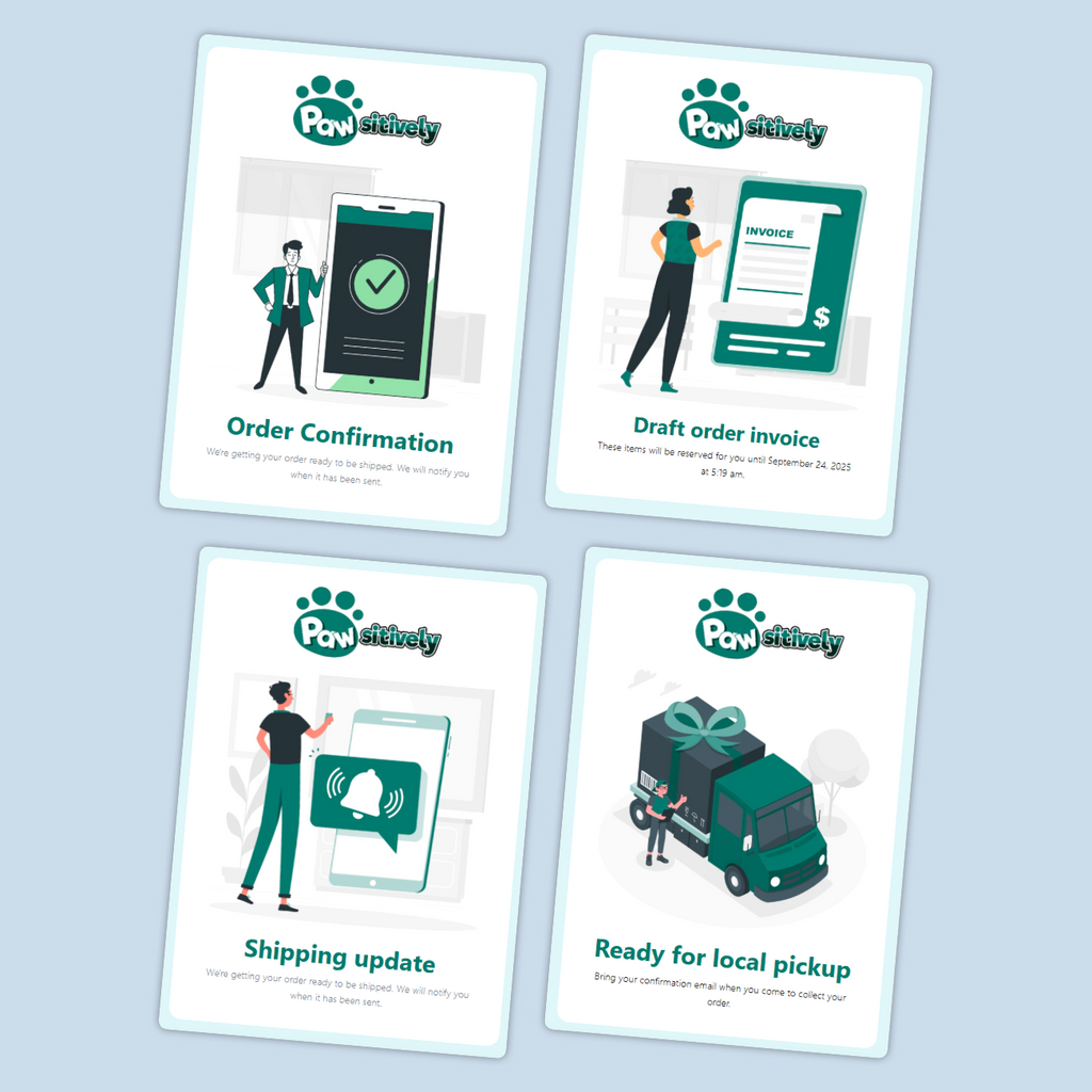 Four cards from Paw Activity app showing different stages of a shipping process on a light blue background.