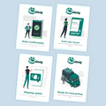 Four cards from Paw Activity app showing different stages of a shipping process on a light blue background.
