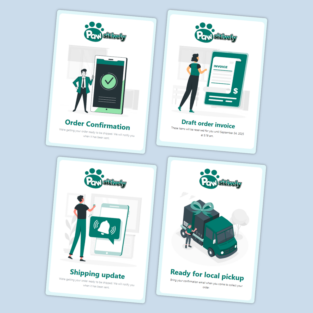 Four cards from Paw Activity app showing different stages of a shipping process on a light blue background.