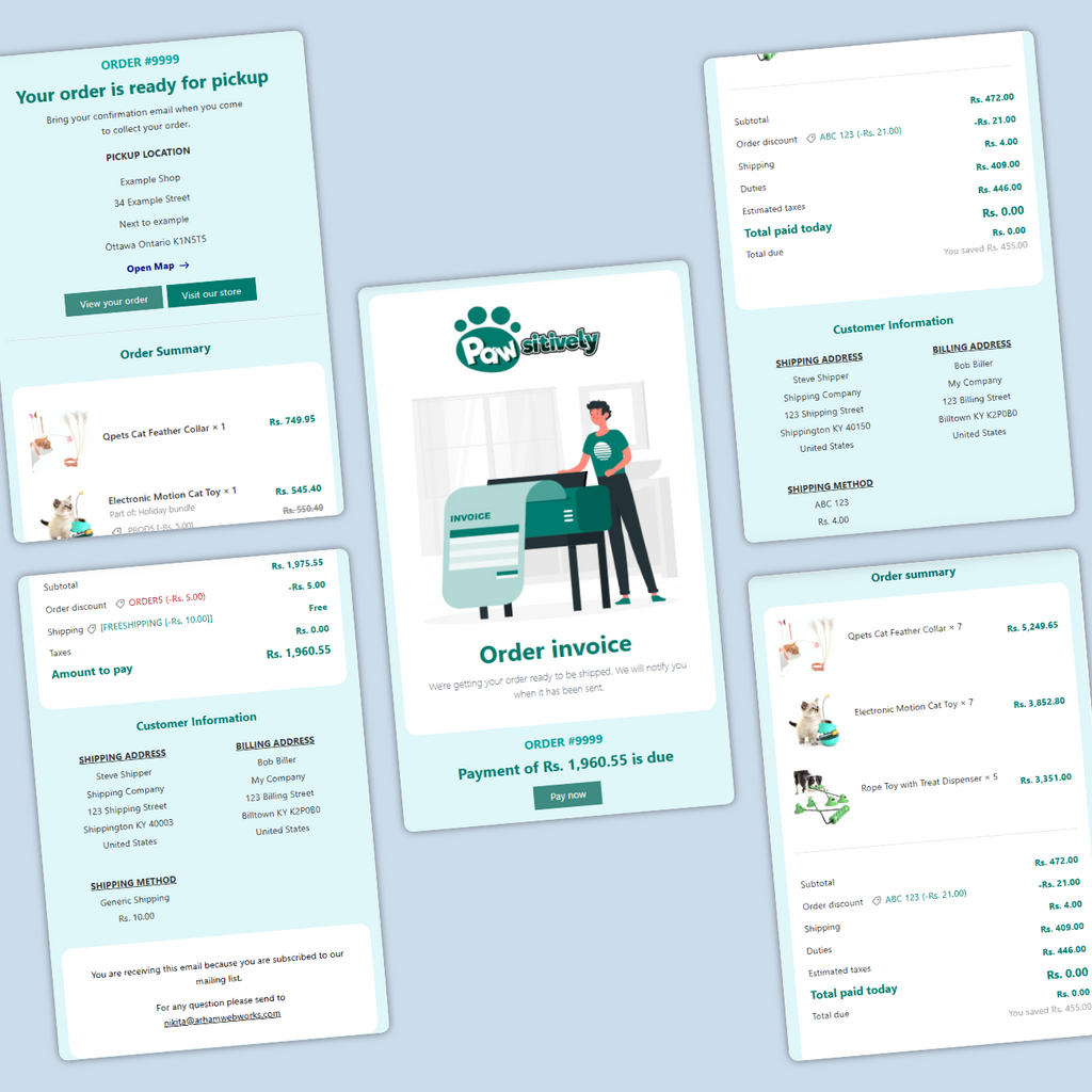 Screenshots of order summary and invoice pages from a pet care service on a light blue background.