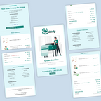 Screenshots of order summary and invoice pages from a pet care service on a light blue background.