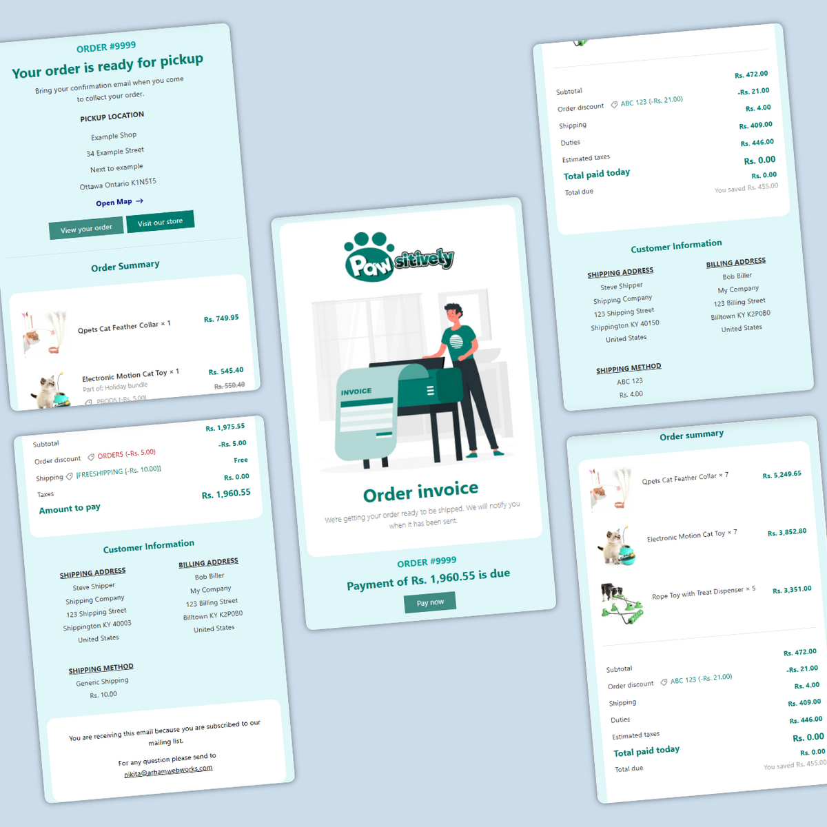 Screenshots of order summary and invoice pages from a pet care service on a light blue background.