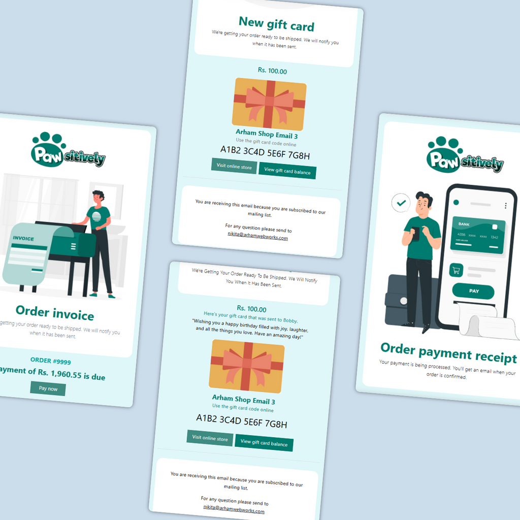 Set of email templates with 'Pawtectively' branding on a light blue background