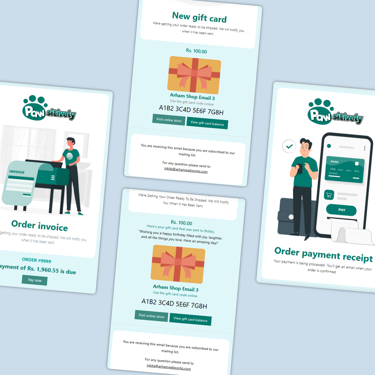 Set of email templates with 'Pawtectively' branding on a light blue background