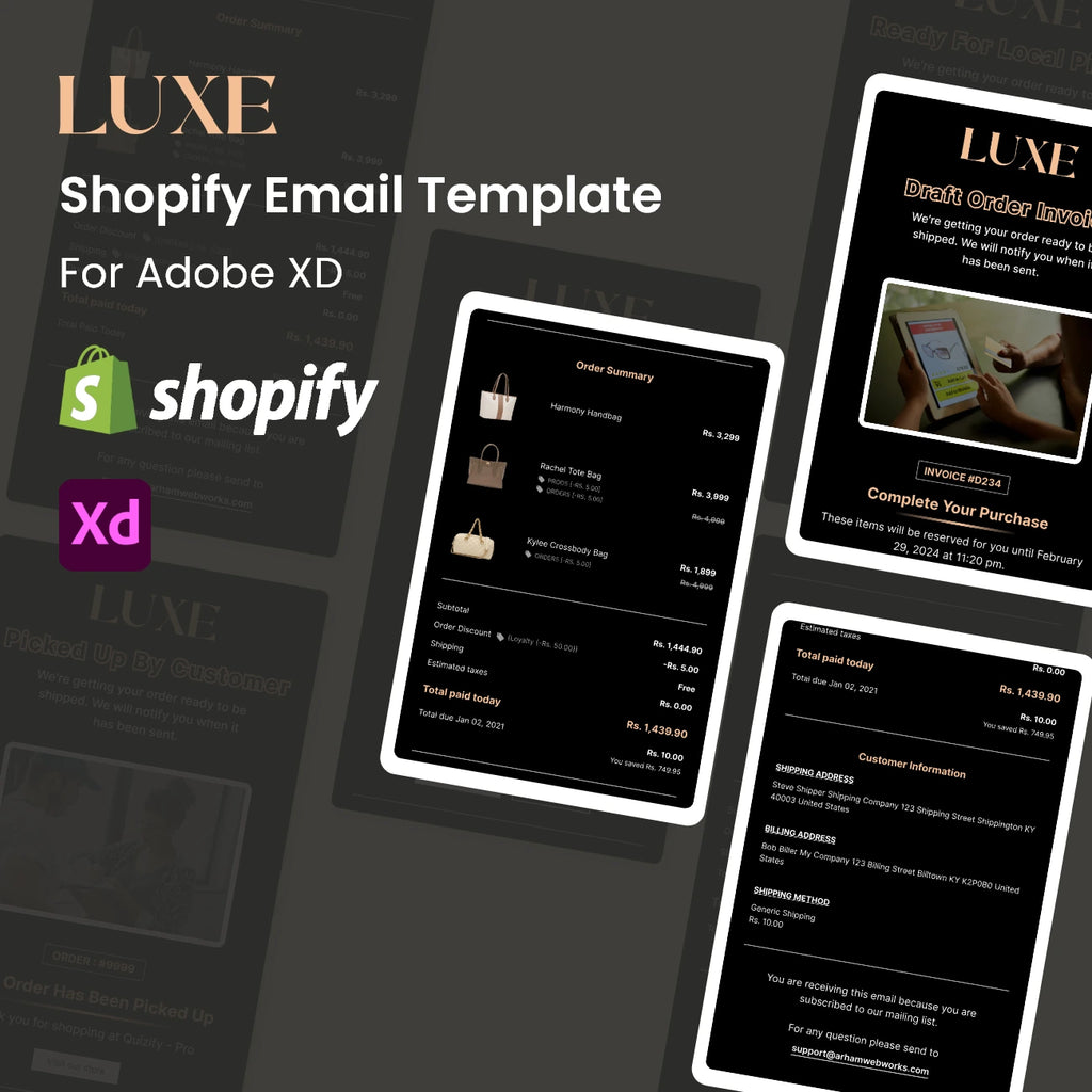 Luxe - Shopify Notification and Transactional Emails Design - Adobe XD