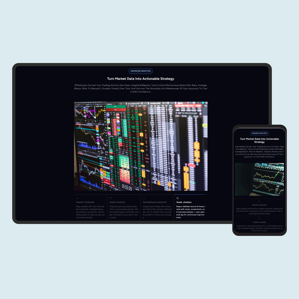 Large monitor and smartphone displaying financial market data on a light blue background