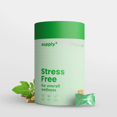 Green supplement container labeled 'Supply 6 Stress Free' on a white background