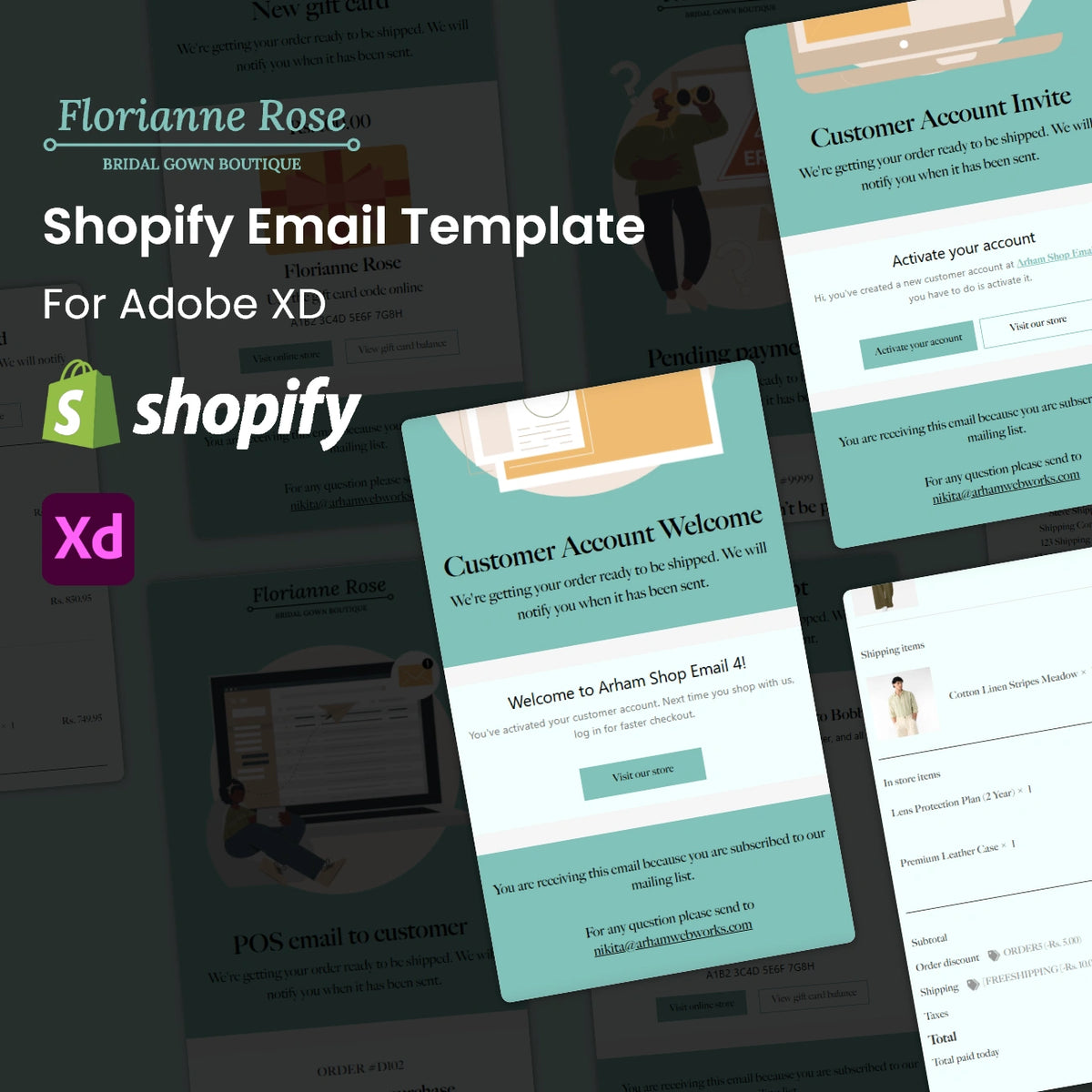 Florianne Rose Shopify Email Template for Adobe XD with multiple email designs displayed.