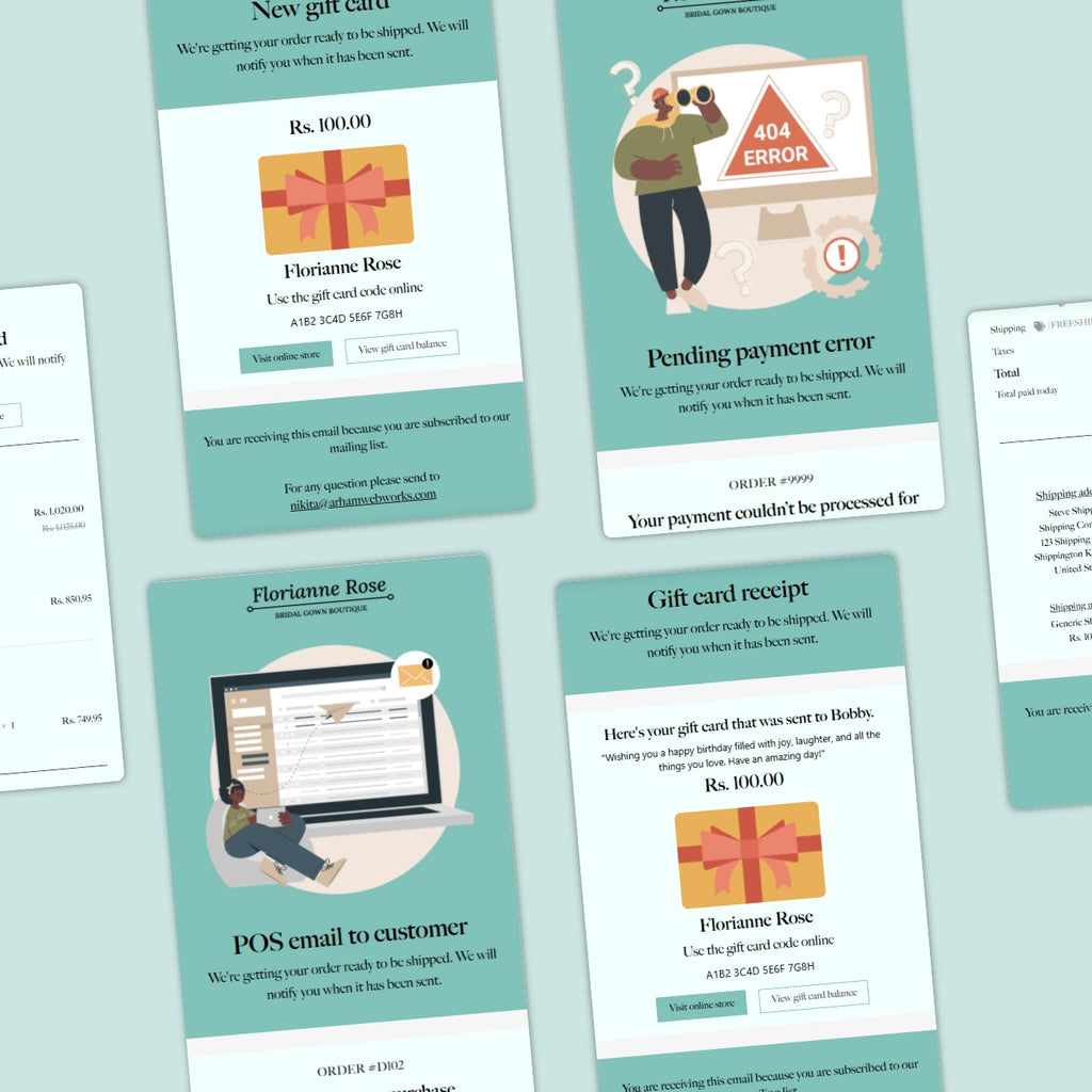Collection of email templates with various designs on a light blue background
