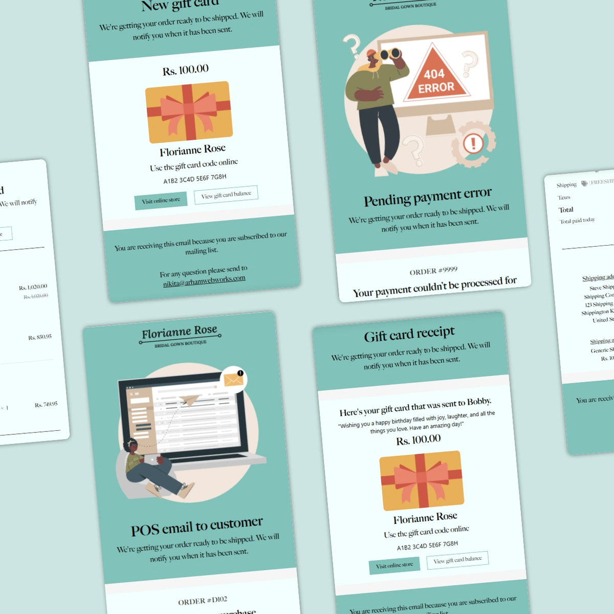 Collection of email templates with various designs on a light blue background
