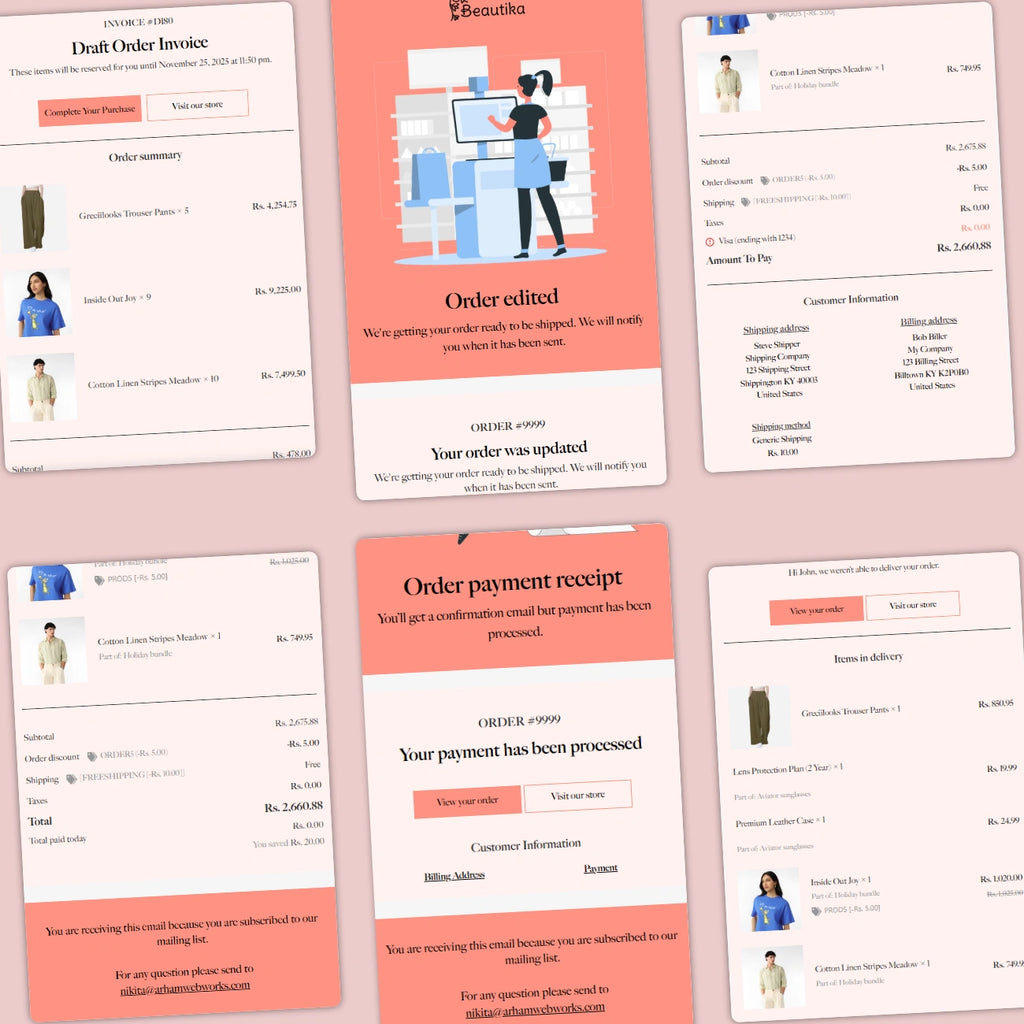 Collection of order-related emails on a pink background