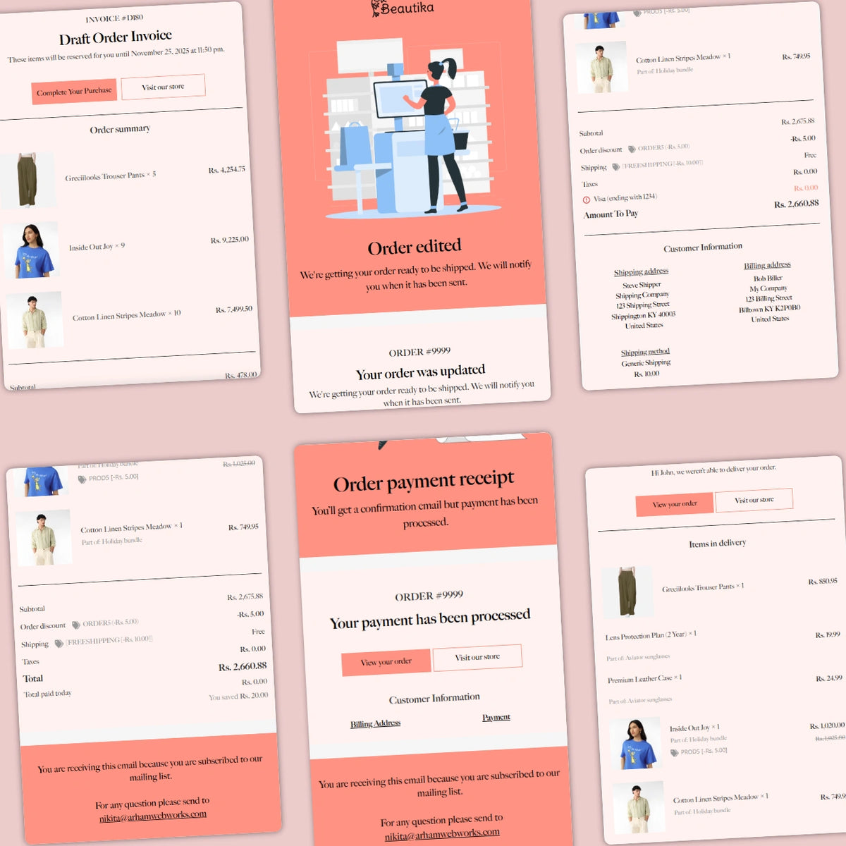 Collection of order-related emails on a pink background