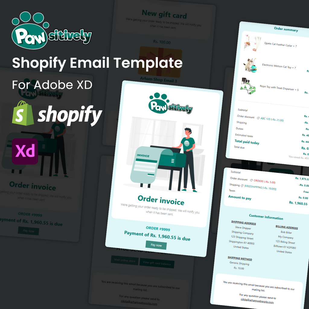 Shopify email template with Paw Sitivity branding on a light dark background