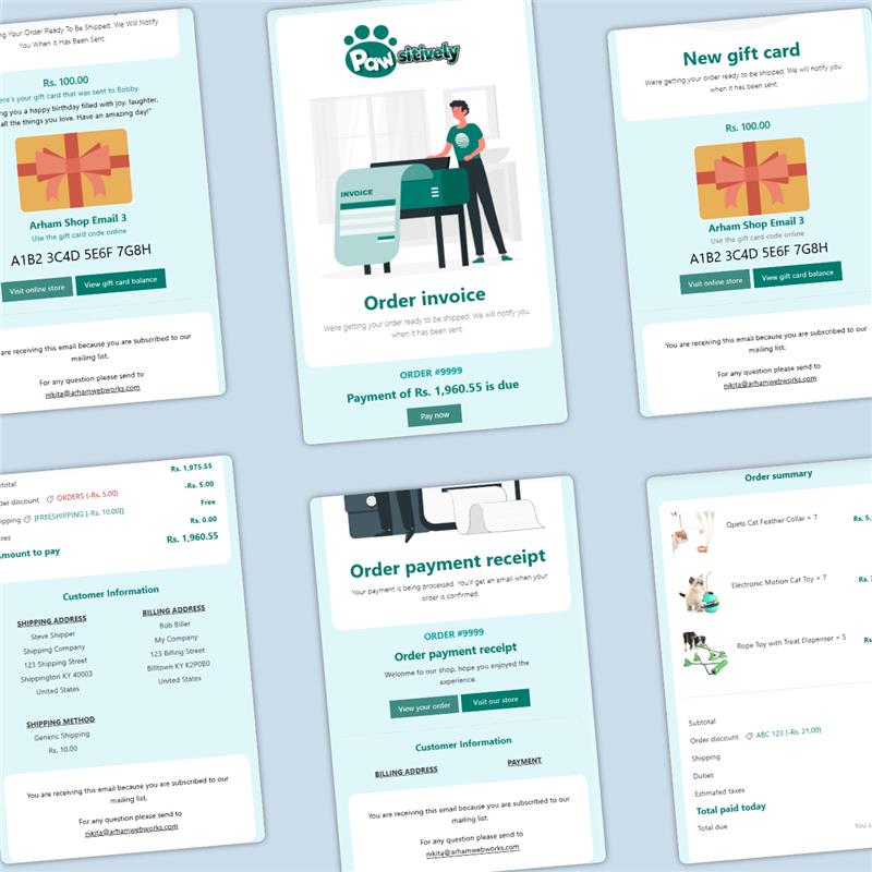 Collection of digital order invoices and receipts on a light blue background