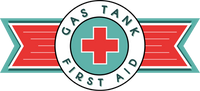 Vintage-style gas tank first aid logo with red cross and green border