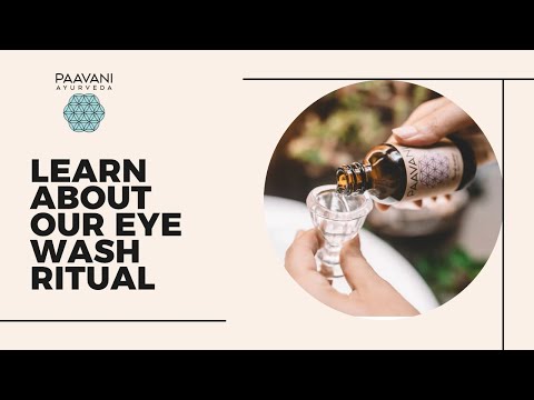 Advertisement for Paavani Ayurveda eye wash ritual with a hand pouring liquid into a glass.