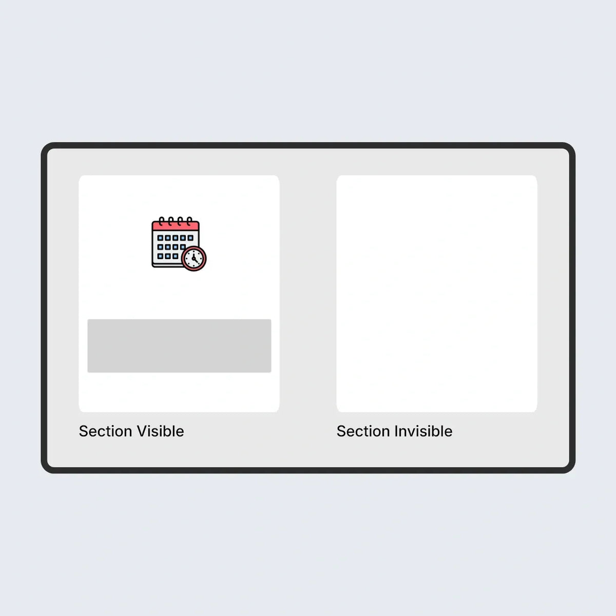 Illustration of a calendar icon with two sections, one visible and one invisible, on a light gray background.